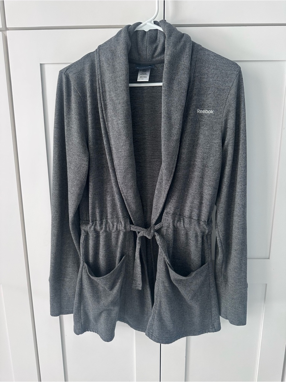 Reebok Women's Charcoal Gray Shawl-Collar Tie-Waist Cardigan